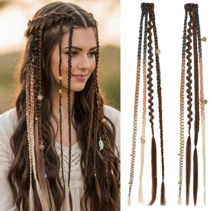 🌿🎨2Pcs Boho Beaded Clip-In Braids – Effortless Festival & Everyday Hair Transformation