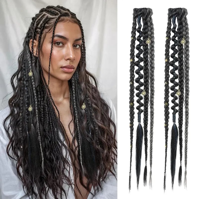 🌿🎨2Pcs Boho Beaded Clip-In Braids – Effortless Festival & Everyday Hair Transformation