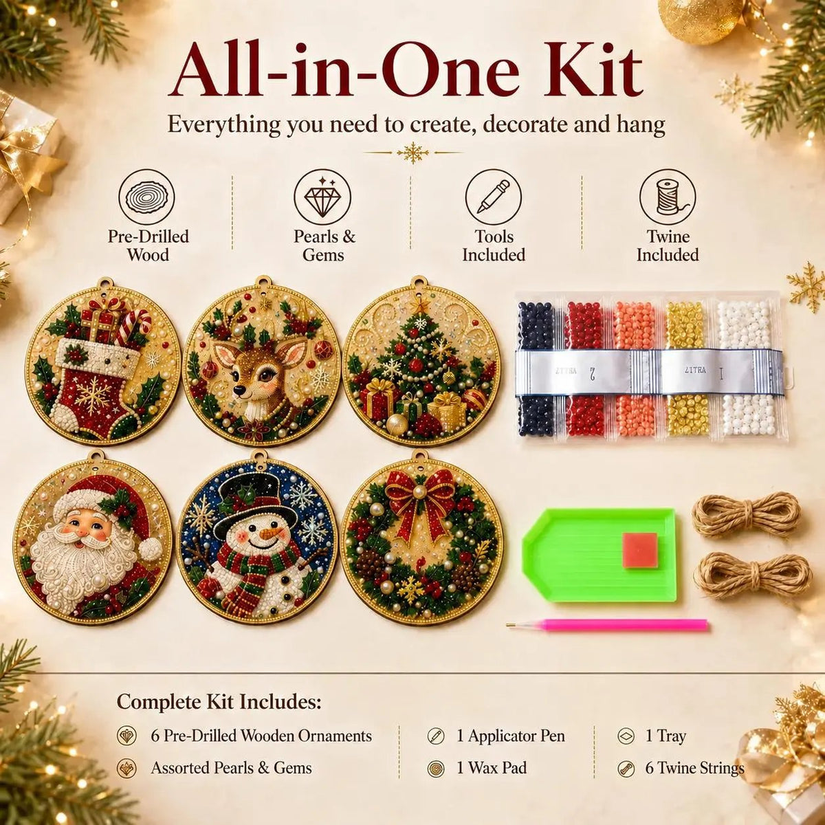 🎄Christmas DIY Diamond Painting Ornaments Kit (6-Piece) 🎅 Xmas Tree Hanging Craft Decoration