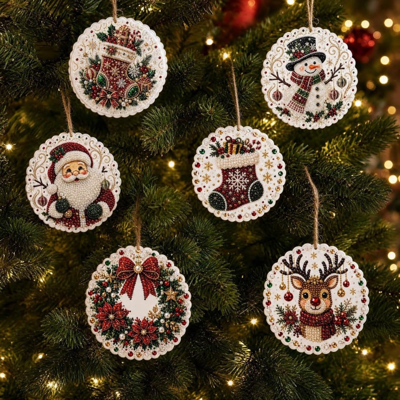 🎄Christmas DIY Diamond Painting Ornaments Kit (6-Piece) 🎅 Xmas Tree Hanging Craft Decoration