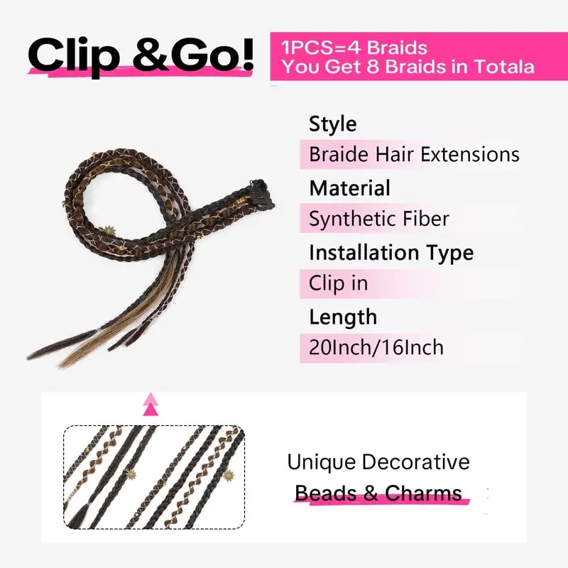 🌿🎨2Pcs Boho Beaded Clip-In Braids – Effortless Festival & Everyday Hair Transformation