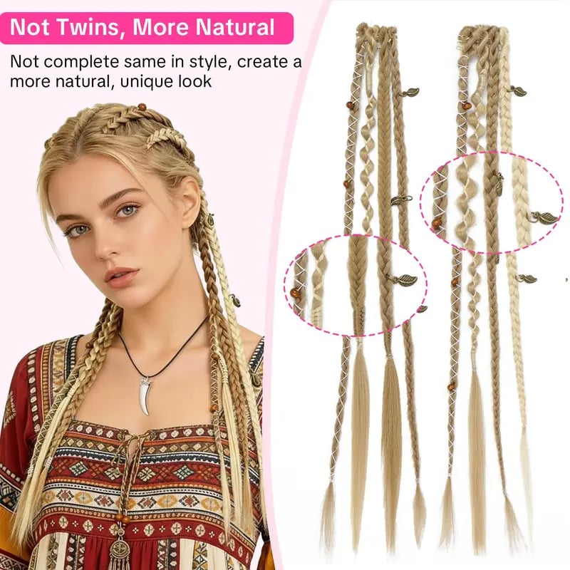 🌿🎨2Pcs Boho Beaded Clip-In Braids – Effortless Festival & Everyday Hair Transformation