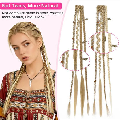 🌿🎨2Pcs Boho Beaded Clip-In Braids – Effortless Festival & Everyday Hair Transformation