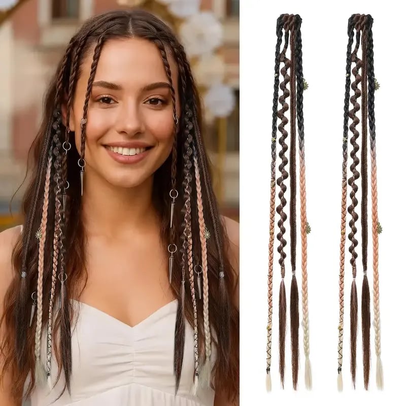 🌿🎨2Pcs Boho Beaded Clip-In Braids – Effortless Festival & Everyday Hair Transformation