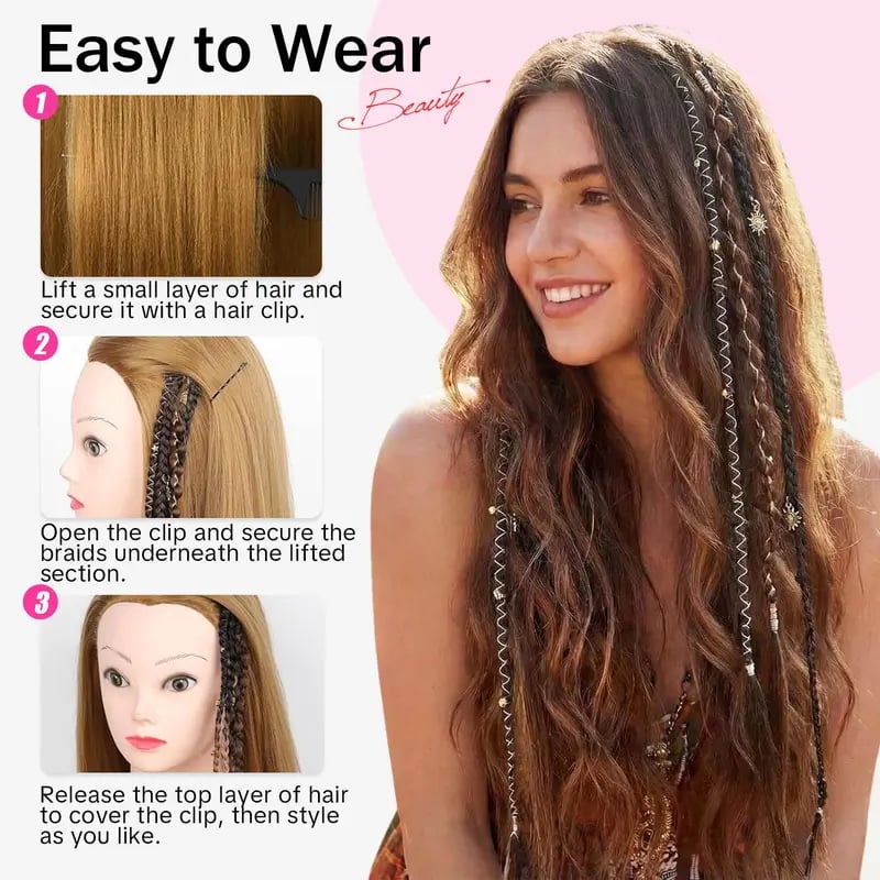 🌿🎨2Pcs Boho Beaded Clip-In Braids – Effortless Festival & Everyday Hair Transformation
