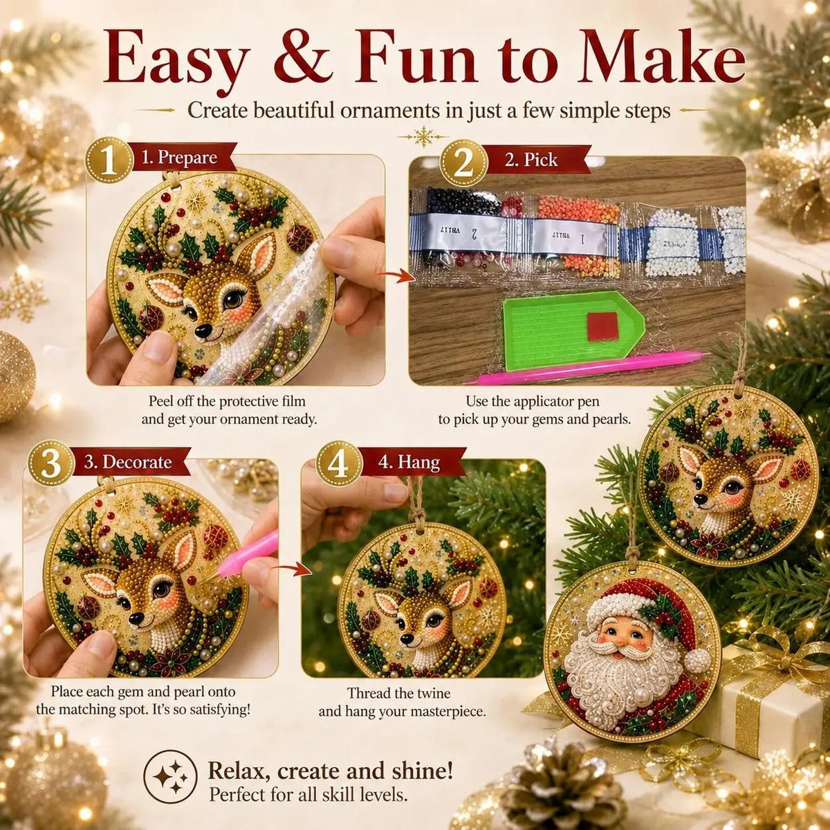 🎄Christmas DIY Diamond Painting Ornaments Kit (6-Piece) 🎅 Xmas Tree Hanging Craft Decoration